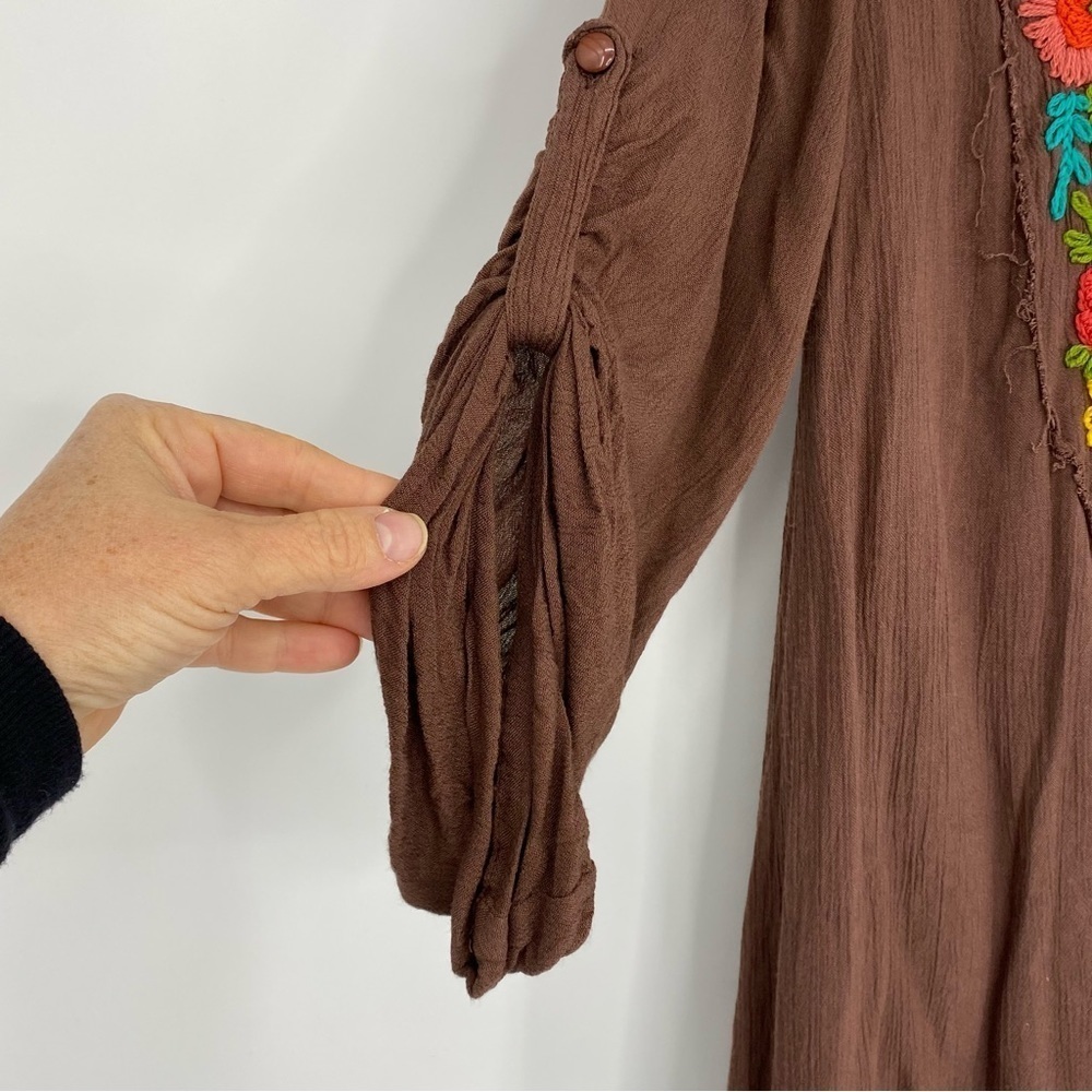 Judith March Peasant Bohemian Tab Sleeve Brown Embroidered Floral Swing Dress, M - Picture 3 of 9